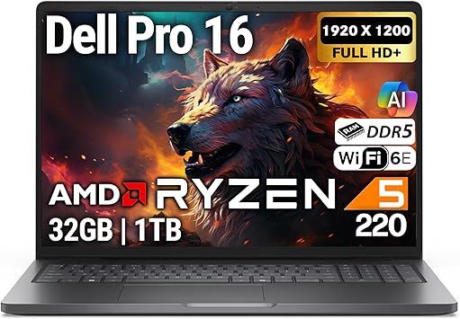 Dell Pro 16 FHD 16" Display Business Laptop, AMD Ryzen 5 220, 32GB DDR5 RAM, 1TB SSD PCIe, Tastiera retroilluminata, WiFi 6E + BT, RJ-45, HDMI, AI PC, HD Webcam, Windows 11 Pro - Magnetite Nero