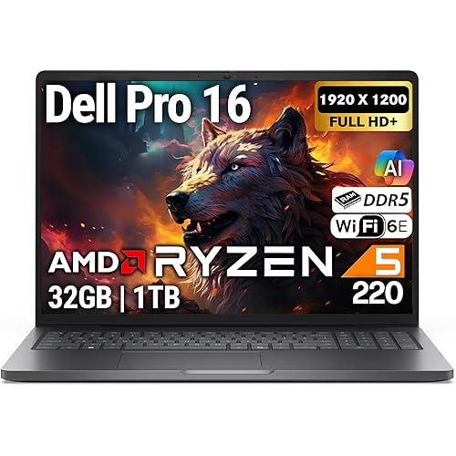 Dell Pro 16 FHD 16" Display Business Laptop, AMD Ryzen 5 220, 32GB DDR5 RAM, 1TB SSD PCIe, Backlit Keyboard, WiFi 6E + BT, RJ-45, HDMI, AI PC, HD Webcam, Windows 11 Pro - Magnetite Black
