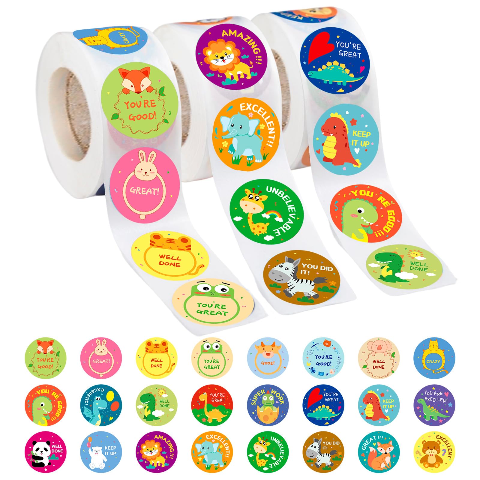 3 Rolls Motivational Stickers for Kids, 1500 Pcs Teacher Reward Stickers School Supplies Roll Sticker Potty Training Sticker for School Classroom Home, 24 Designs (Each Measure 1" in Diameter)