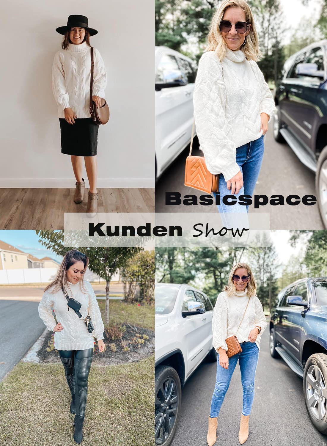 Basicspace Damen Winter Herbst Solider Rollkragenpullover Stehkragen Lässiger Lockerer Ballon Langarm Strickpullover Zopfmuster Pullover Oberbekleidung