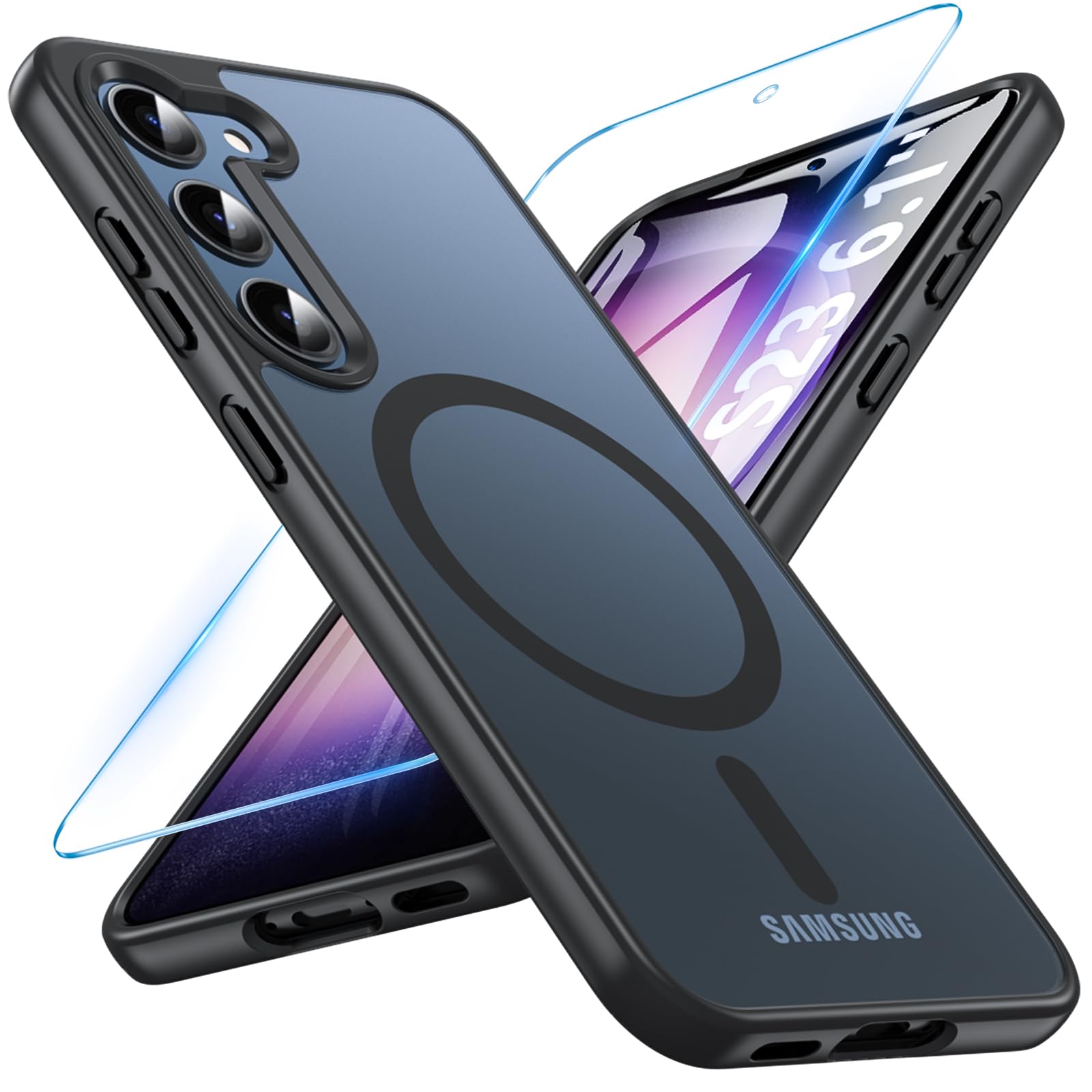 Magnetisch Für Samsung Galaxy S23 Hülle mit Panzerglas Glas,Militärschutz Handyhülle für Samsung S23 mit MagSafe Matt Transluzente Schutzfolie Schutzhülle Case Cover für Samsung S23(Schwarz)