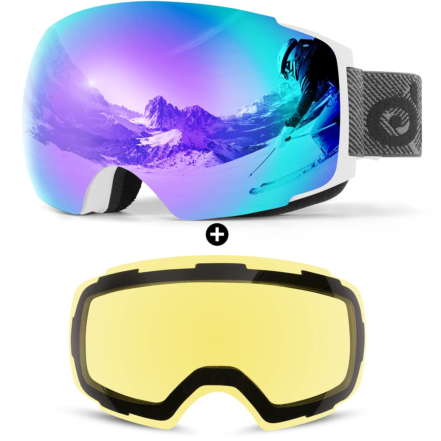 Odoland Magnetic Interchangeable Ski Goggles with 2 Lens, Large Spherical Frameless Snow Snowboard Goggles for Men Women