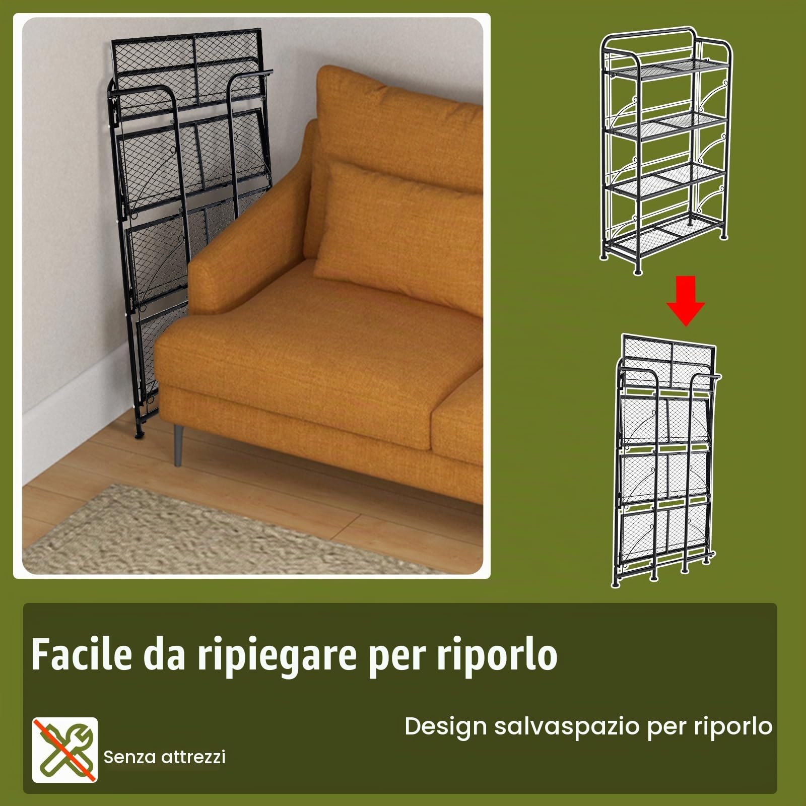 HOMASIS Scaffale per Piante a 4 Ripiani, Portavaso Pieghevole, Porta Piante Fioriere in Metallo, Scaffale Multiuso e Alzato per Balcone, Giardino, Senza Installazione, 60 x 25 x 100 cm, Nero