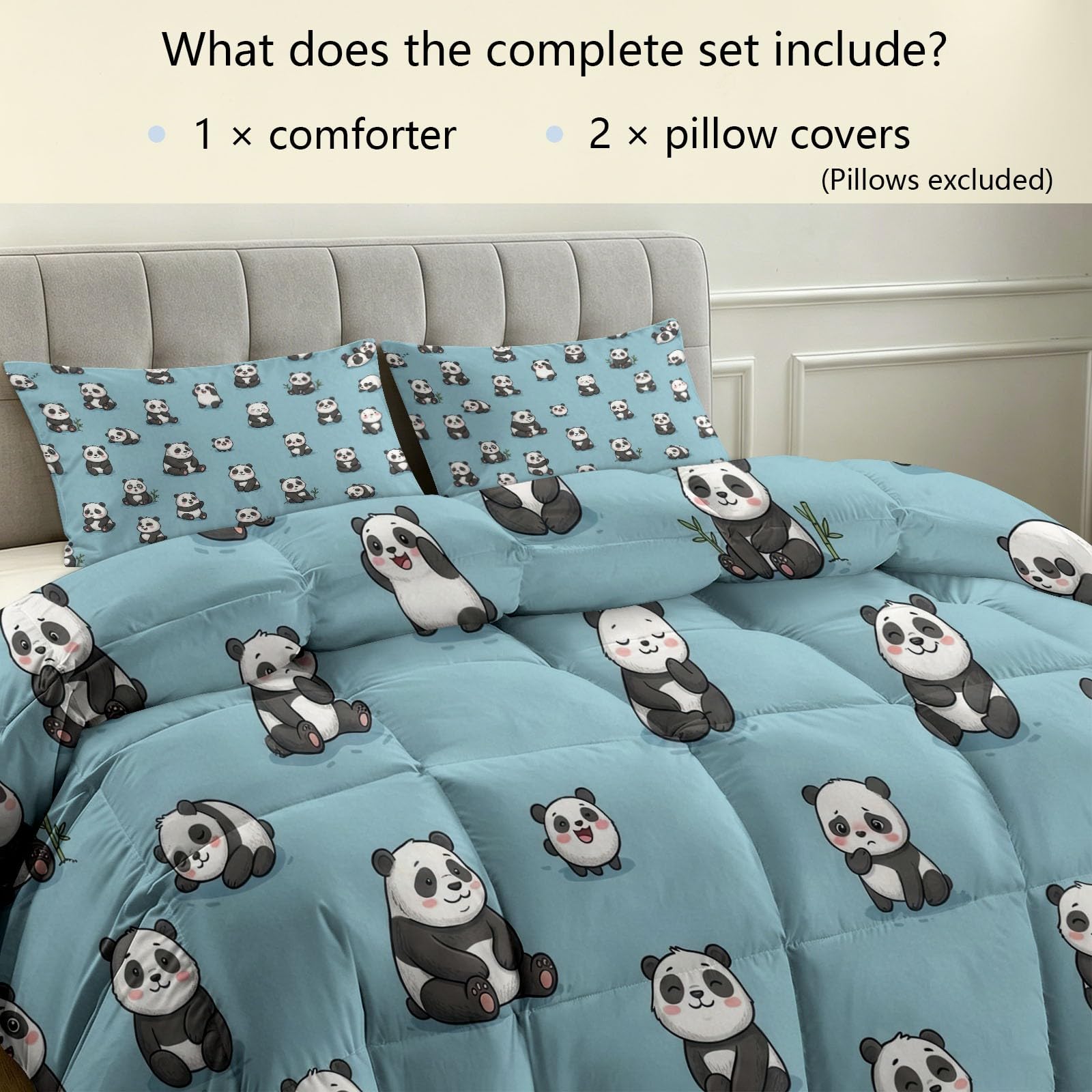 Bettdecke 155x220 cm 4 Jahreszeiten, Süßer Panda Warm Weiche Steppdecke mit 2 Kissenbezügen 80x80 cm, Blau Waschbare Cartoon Tiere Wende Ganzjahresdecke ohne Bezug für Kinderzimmer