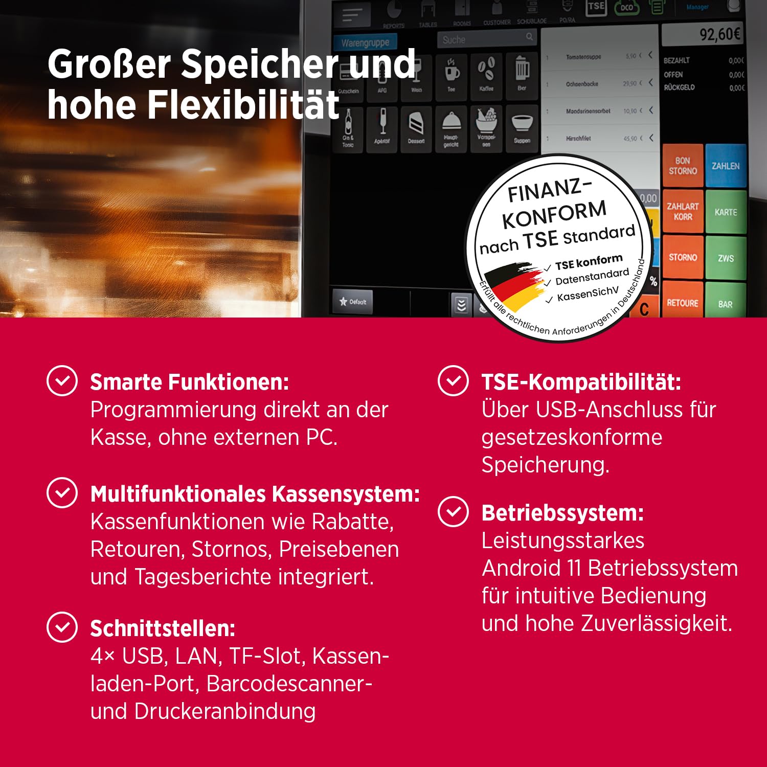 OLYMPIA WK1 Kassensystem mit Waage POS-Registrierkasse TSE-konform 10,1" Touch-Display Thermodrucker All-in-One System 2g/6kg 5g/15kg