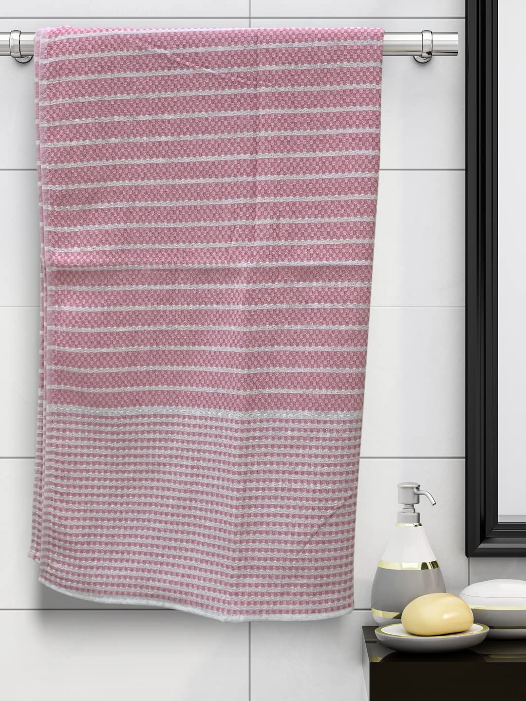 Athom Living Premium Cotton Light Weight Quick-Dry High Absorbent Cotton Bath Towel Pink Stripes, 75x150 Cm (Pack of One)