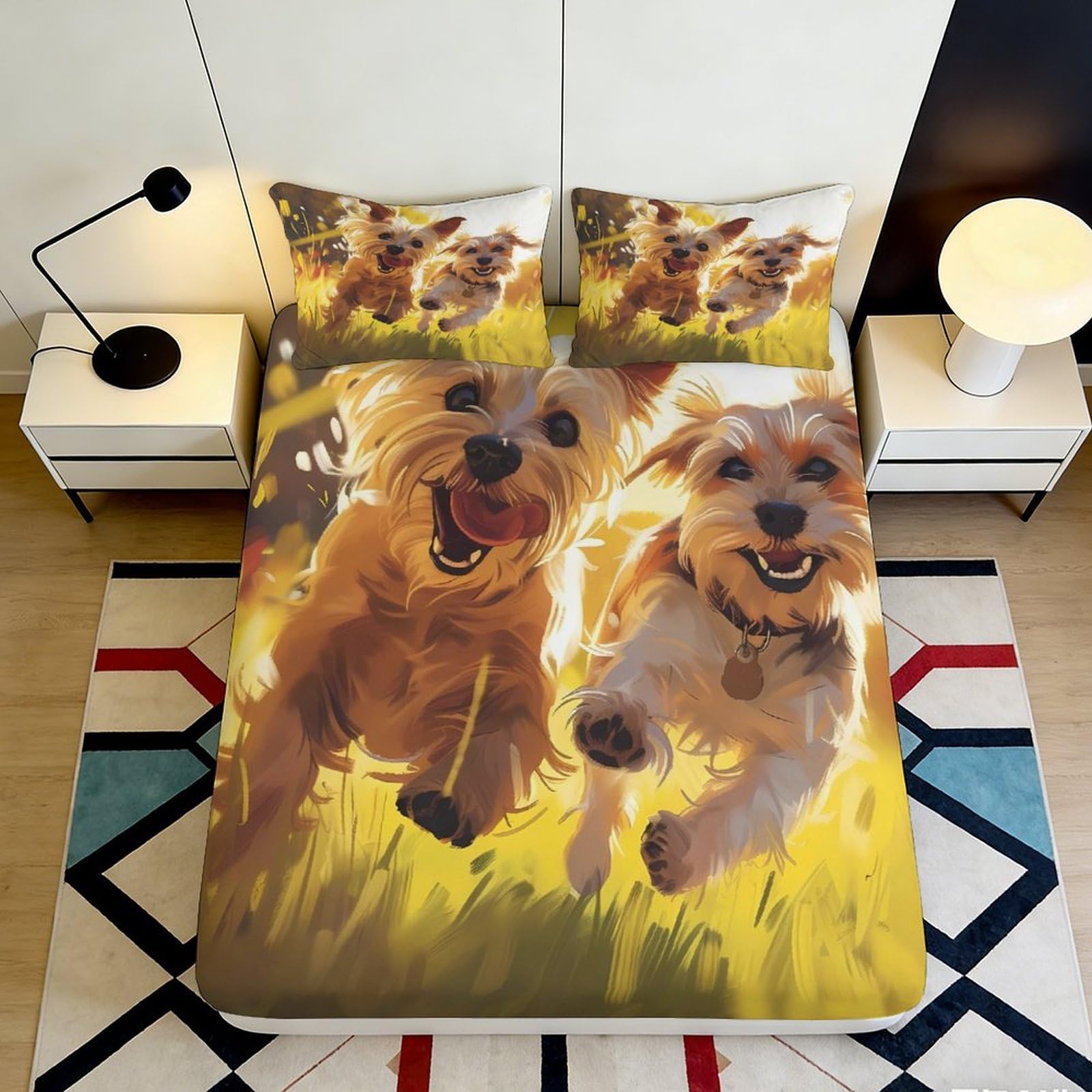 3D Printed Happy Dogs Fitted Sheet Microfiber Soft Breathable Playful Puppy Bed Cover for Bedroom Dormitory Guest Room Mattress Protection Decor 120x200x25cm