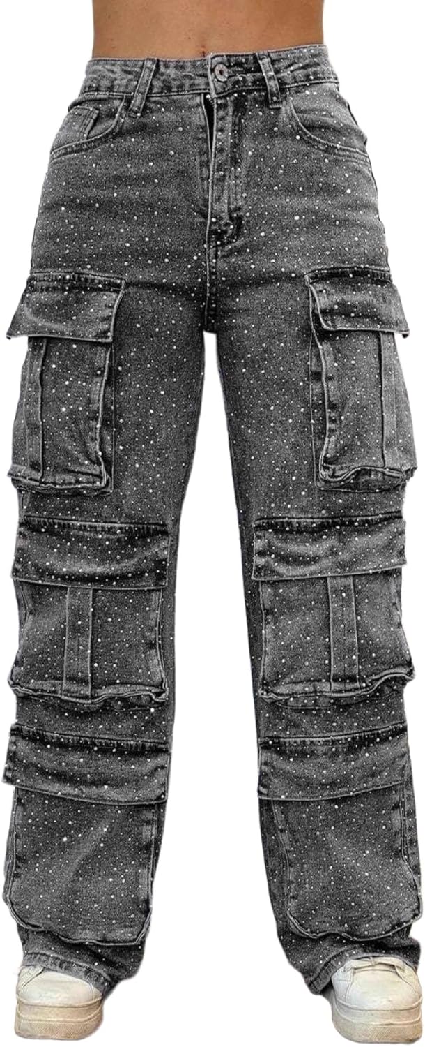 Women's Rhinestone Casual Cargo Jeans High Waisted Bling Sparkly Y2K Baggy Wide Leg Diamond Denim Trousers Multi-Pocket