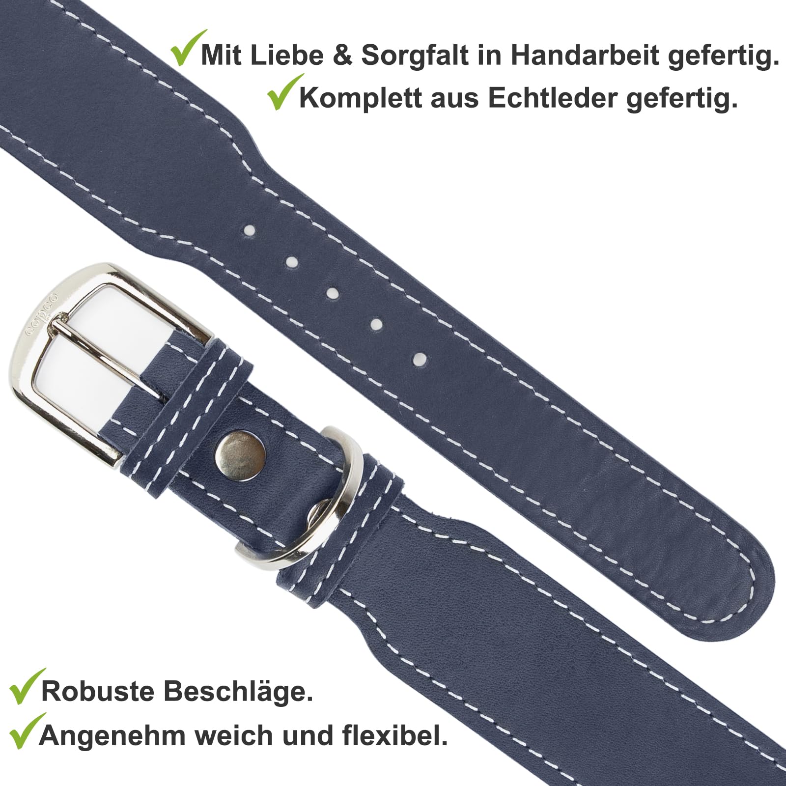 CopcoPet Hundehalsband Leder – Handgefertigtes Lederhalsband für mittelgroße, große Hunde – Halsband Hund – Verstellbar & Robust – Zoe, Marineblau, 45 – 50cm 40mm breit, Verchromte Beschläge