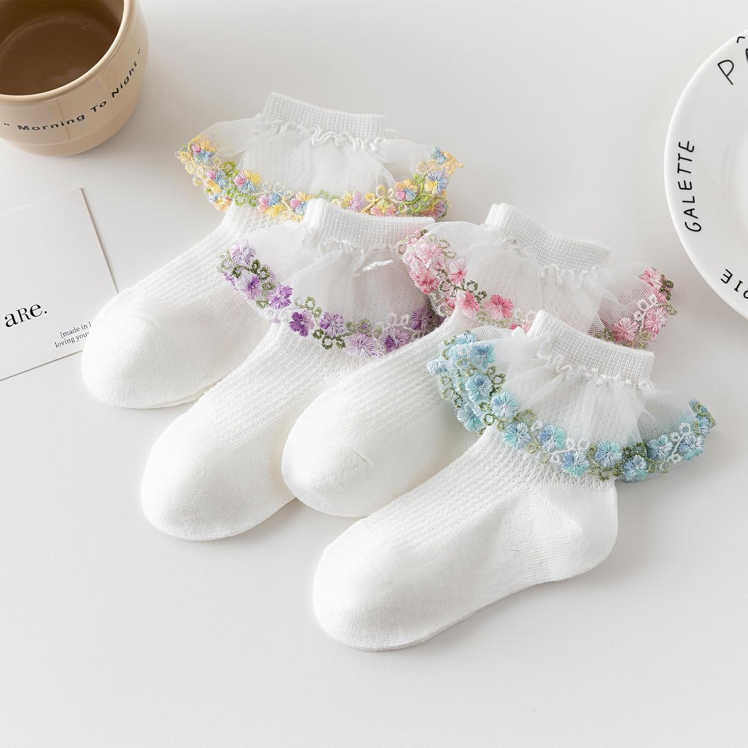Baby Girls Lace Socks with Embroidered Flowers,Ruffle Princess Frilly Cotton Dress Ankle Socks for Infants & Toddlers