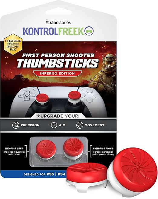 KontrolFreek FPS Freek Inferno for PlayStation 4 (PS4) and PlayStation 5 (PS5) Controller | Performance Thumbsticks | 1 High-Rise, 1 Mid-Rise | Red/White