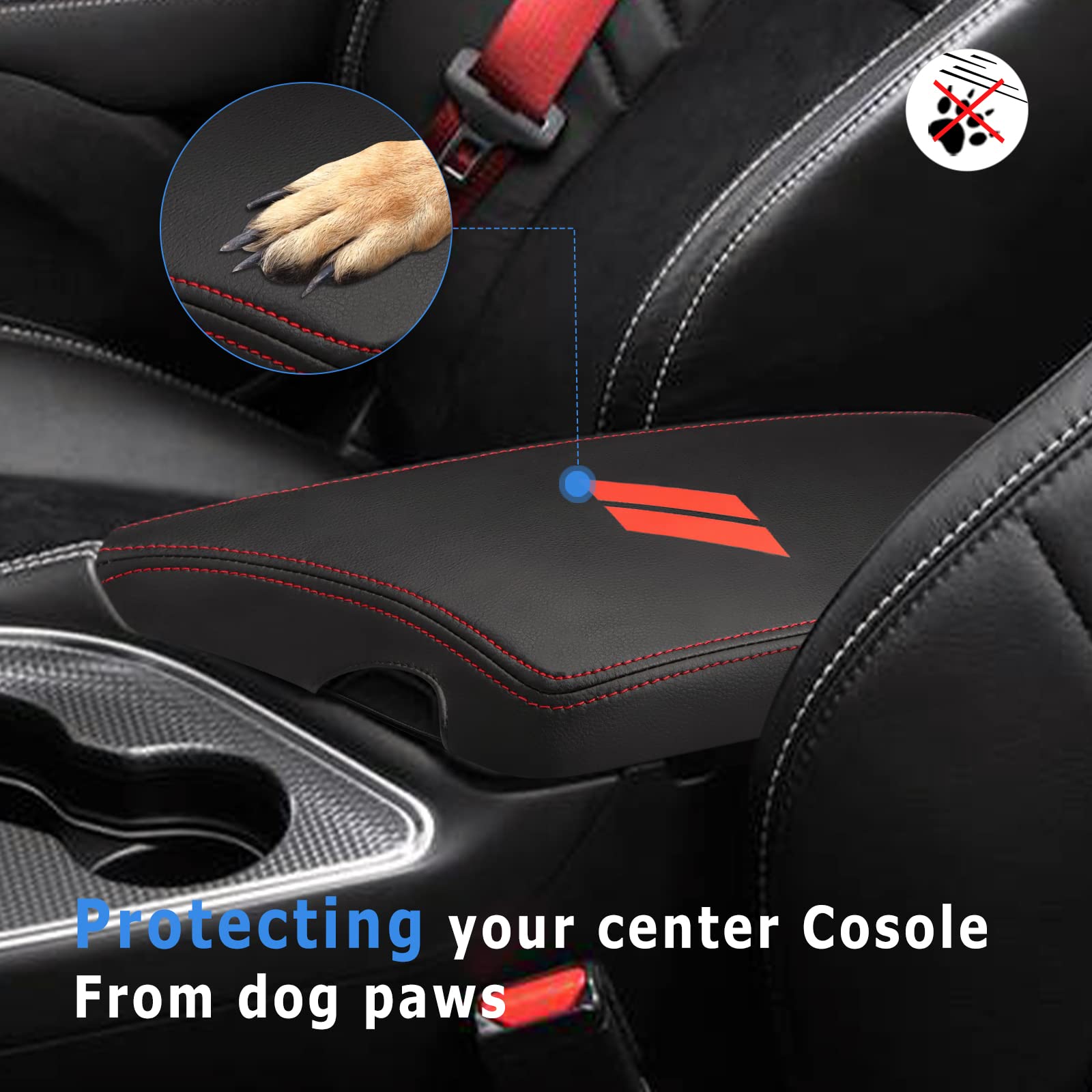 INTGET Auto Mittelkonsole Armlehne Abdeckung für Dodge Challenger Zubehör 2023 2022 2021 2020 2019 2018 2017 2016 2015 Innenarmlehne Sitzbezug Mittelkonsole Abdeckung Deckel Schutzpolster (rote Nähte)