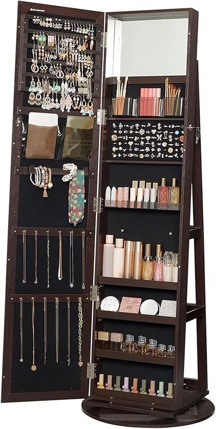 SONGMICS 360° Swivel Jewelry Cabinet, Lockable Jewelry Organizer with Full-Length Mirror, Rear Storage Shelves, Interior Mirror, Jewelry Armoire, Gift Idea, Brown UJJC006R01