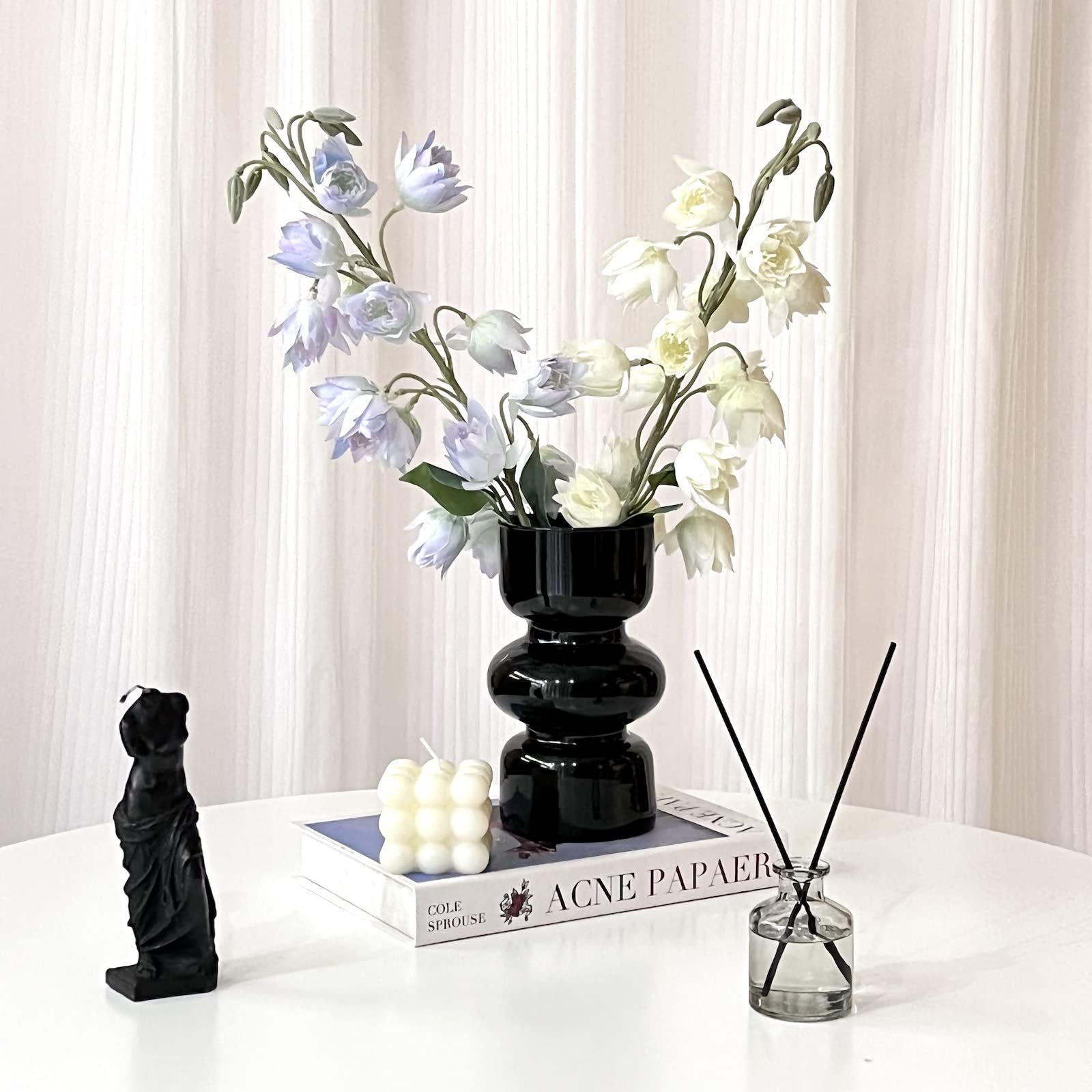 BLOFLO - Jarrón hidropónico de vidrio negro, jarrón de vidrio de 7 pulgadas para flor, moderno jarrones florales geométricos de tres capas para oficina en casa, decoración de mesa de boda (negro) 9