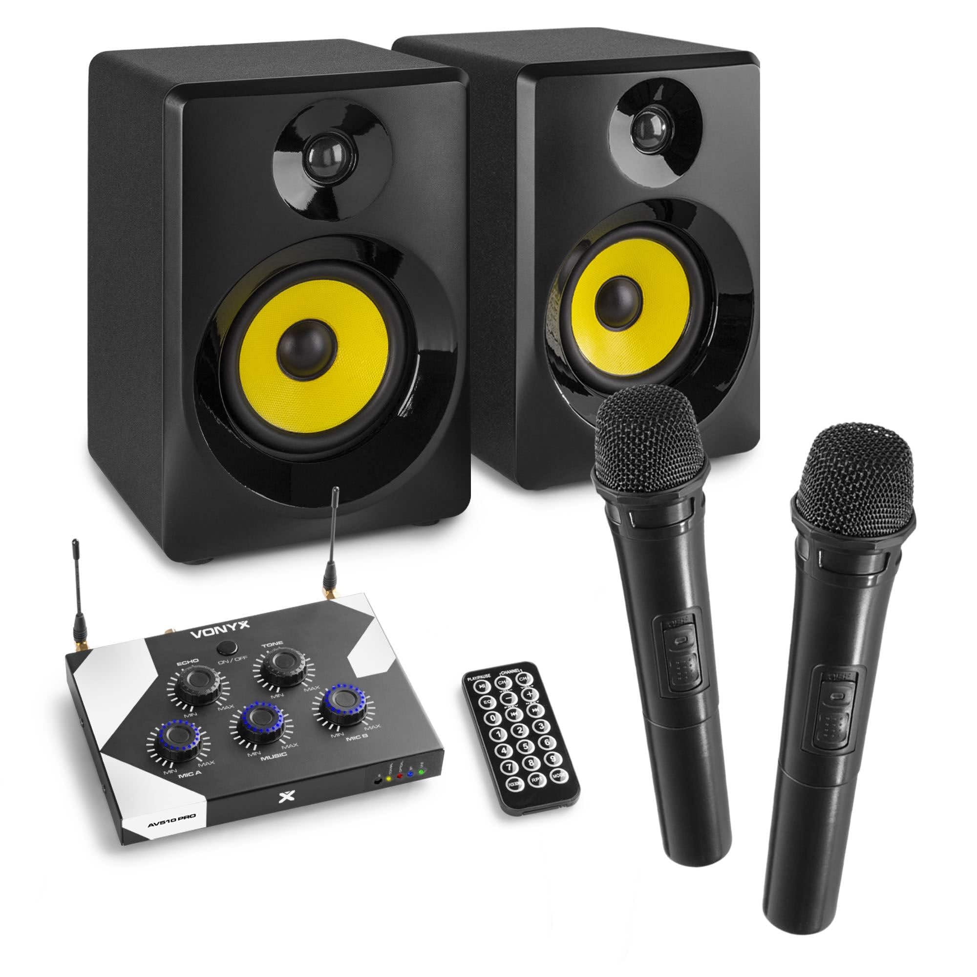 Vonyx AV520 Karaoke Anlage Bluetooth – Mini Soundanlage mit 2 Lautsprechern & 2 Funkmikrofonen – Karaoke Set mit Mixer, Echo, USB-MP3, TV-Anschluss & Fernbedienung – Karaoke System für Zuhause