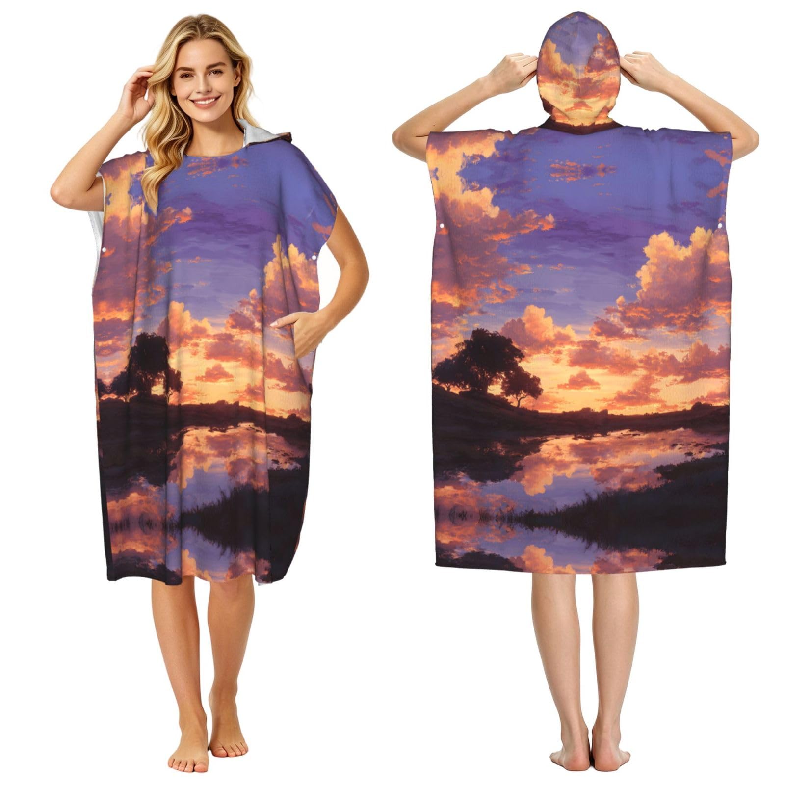 ESNAIUVCD Sunset Glow Print Changing Robe, Hooded Towel Poncho For Swimming Pool, Beach,Quick Dry Light Weight Towelling Poncho
