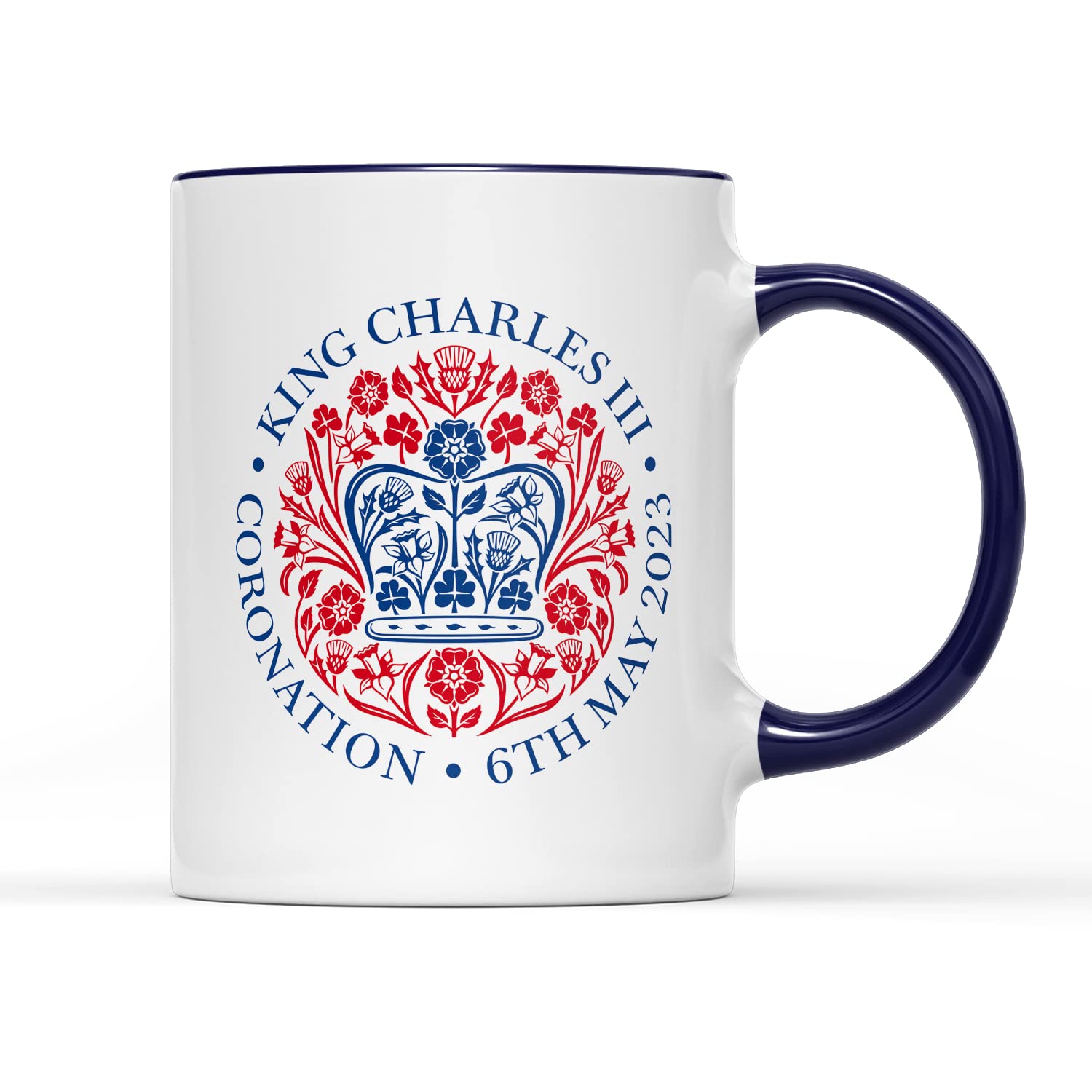 SmartyPantsKing Charles III Mug Tea Coffee Cup - Royal Coronation of His Majesty The King Crown Monarch Ceremony Celebration Memorabilia Kitchen Decor Official (Cobalt Handle Prime)