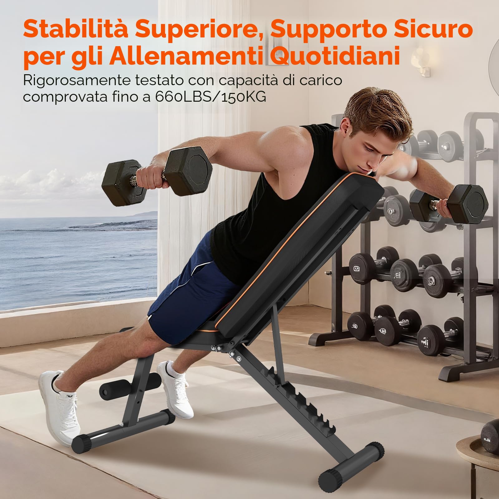 Panca Palestra Regolabile Pieghevole, Panca Palestra con 8 Posizioni Dello Schienale Regolabile, Inclinabile & Piana Panca Pesi per Allenamento con Bande di Resistenza