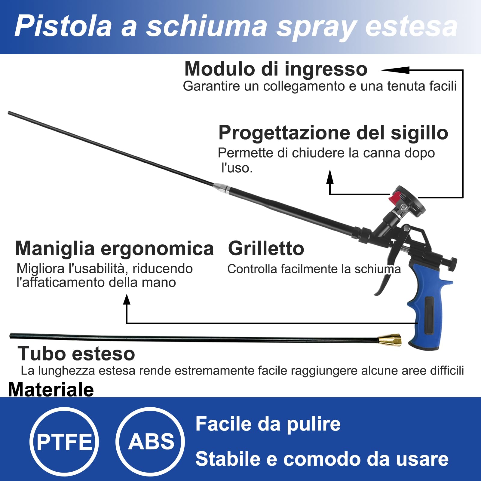 Pistola a spruzzo rimovibile per schiuma, 63,5 cm, pistola professionale espandibile, pistola per schiuma erogatrice adatta per sigillatura, riempimento, sigillatura (blu)
