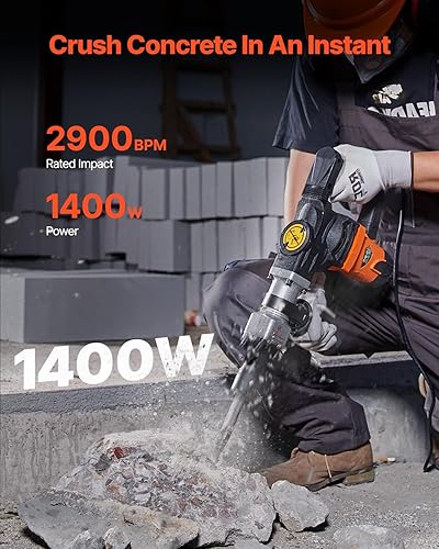 Miniatura 2 de VEVOR Martillo de demolición Jack Hammer, MAX 1400W Martillo eléctrico de alta resistencia, rompedor de concreto 2900 BPM 2 piezas de cinceles para
