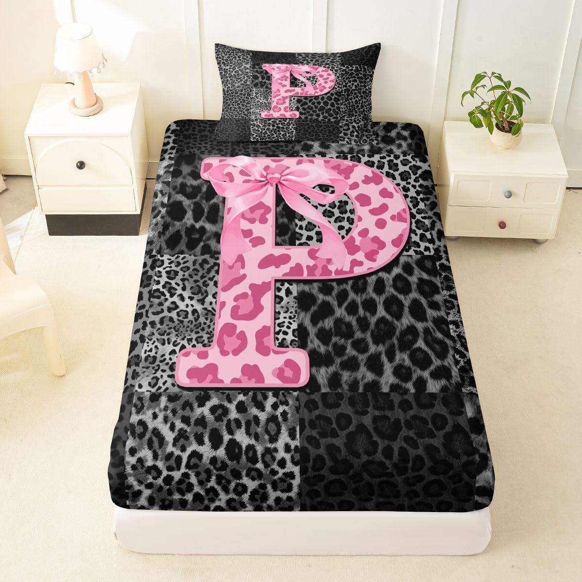 Erosebridal Initial Letter P Fitted Sheet Twin African Leopard Bowknot Bed Sheets for Kids Girls Safari Patchwork Cheetah Bedding Set Luxury Fashion Bow Bed Cover 2 Pcs