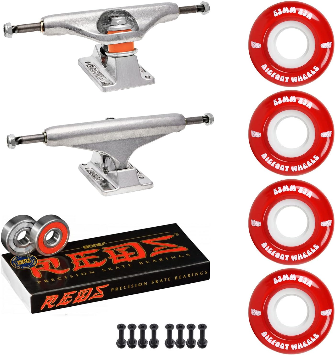 Independent Skateboard Trucks Package Kit with Bigfoot 53mm Soft 83A Wheels, Bones Reds Bearings, 1" Phillips Mounting Hardware, and 1/8" Risers
