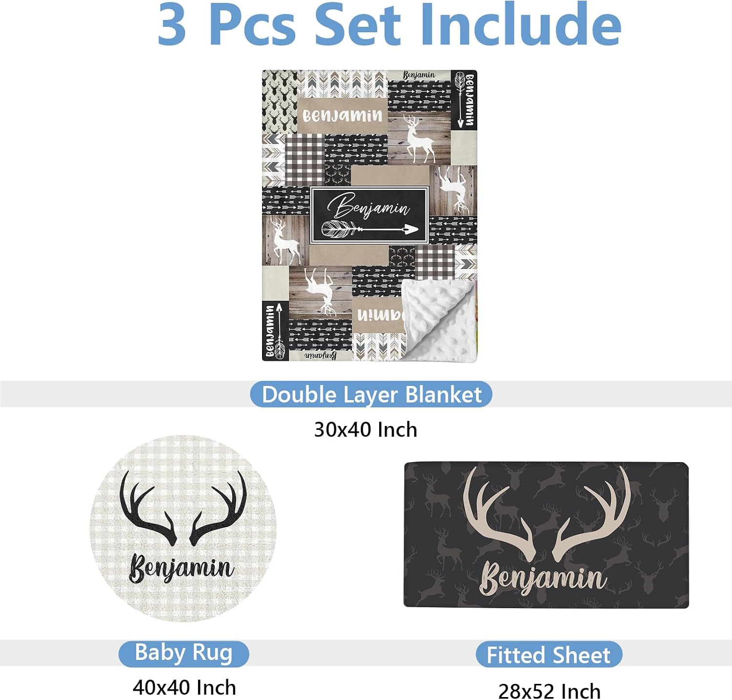 KAINSY Personalized Baby Crib Bedding Set, 3 Pcs Custom Name Baby Crib Sets for Kid Toddler Infant, Double Layer Nursery Bedding Set for Boy Girl, Black Woodland Deer Baby Bedding Set Customized Gift