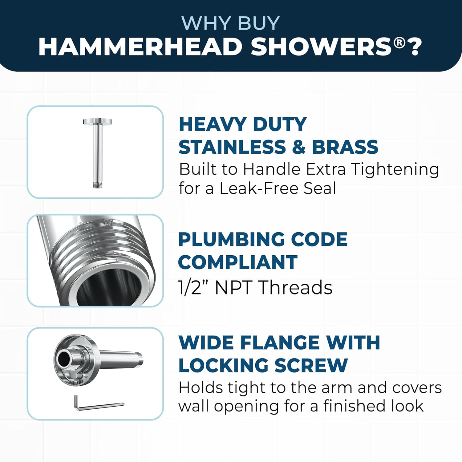 HammerHead Showers Solid Metal 6 Inch Ceiling Mount Shower Arm and Flange with Set Screw, Straight Shower Arm for Rain Shower Head, Ceiling-Mounted Rain Shower Arm, Chrome