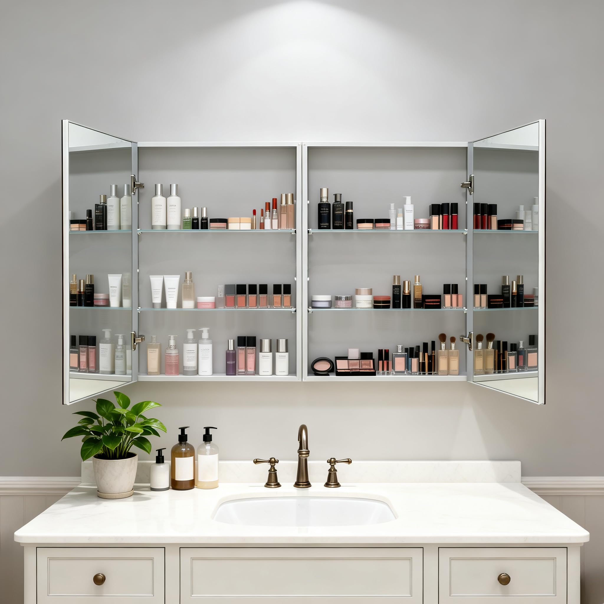 Botiquín de baño de 45 x 60 cm con espejo, marco de aluminio, ligero, resistente y atractivo, apto para empotrar o montar en la pared, estantes ajustables, vidrio templado
