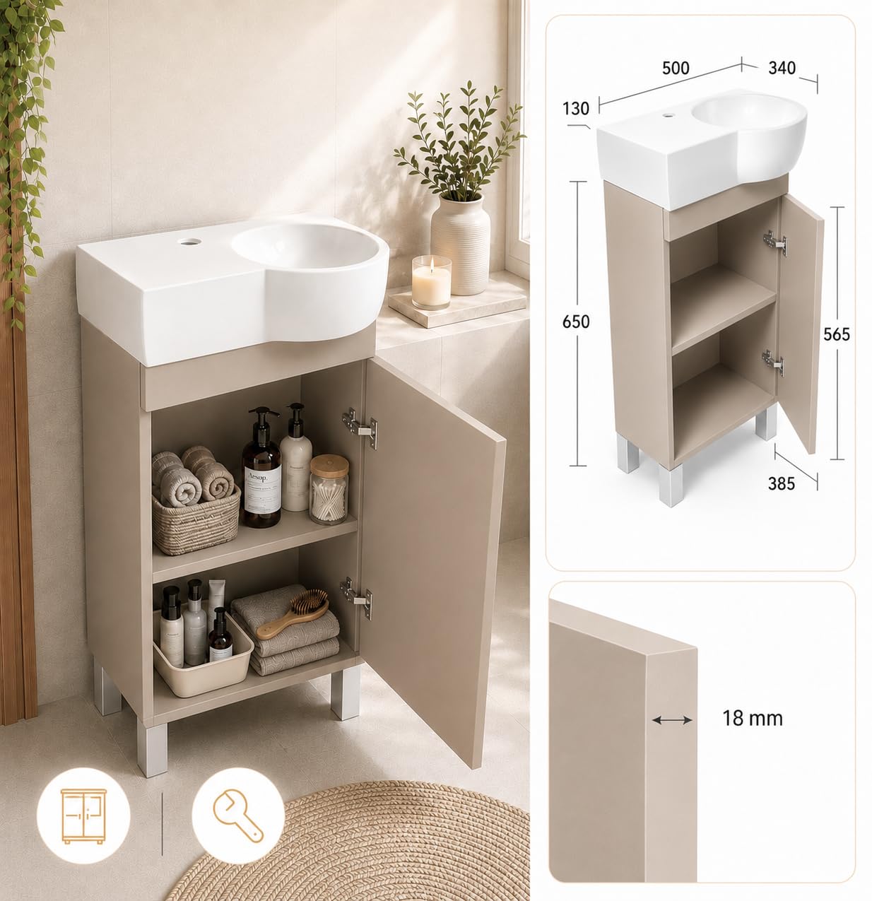 Lavabo con mobiletto da 50 cm di larghezza, mobiletto per lavabo Burgos con lavandino – Mobiletto da bagno, mobiletto da bagno (cashmere)