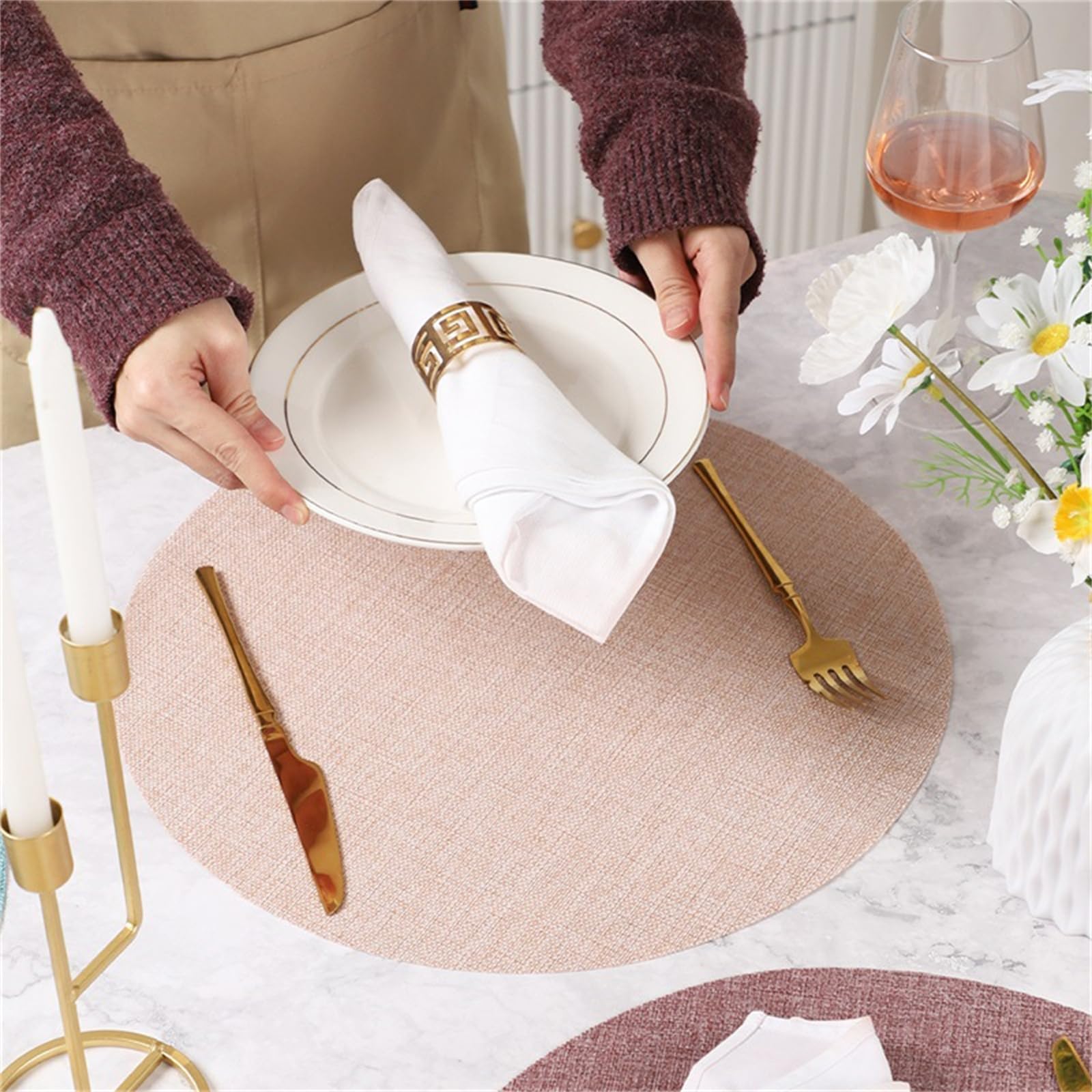 4er Set Rund Platzsets Platzdeckchen rutschfest Abwaschbar 38 * 38cm Leinen Tischmatten Abgrifffeste Hitzebeständig Tischsets, Platz-Matten für küche (Rot)