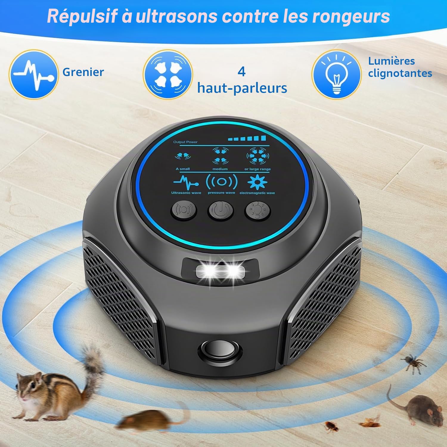 Professionnel Ultrason Souris et Rats Puissant à Large Portée - Répulsif Souris pour Intérieur avec Lumière LED, 360°Ultrason Rongeur, Effets pour Rats, Souris, Campagnols et Loirs