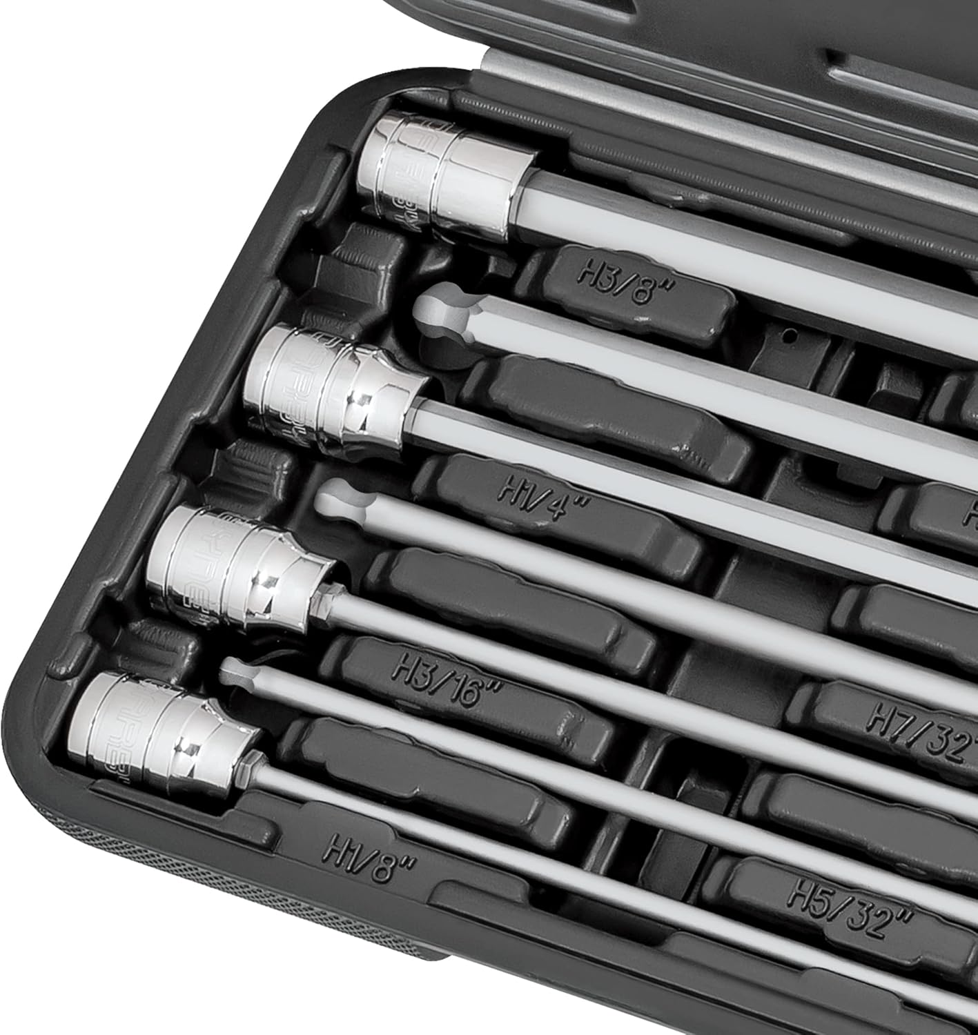 CARBYNE 7-Piece Extra Long Ball End Hex (Allen) Bit Socket Set, SAE 1/8 in. to 3/8 in., 3/8 in. Drive, S2 Steel, CrV Sockets, Zinc Phosphate Bit Finish, 6.1 in. Length, Durable Case