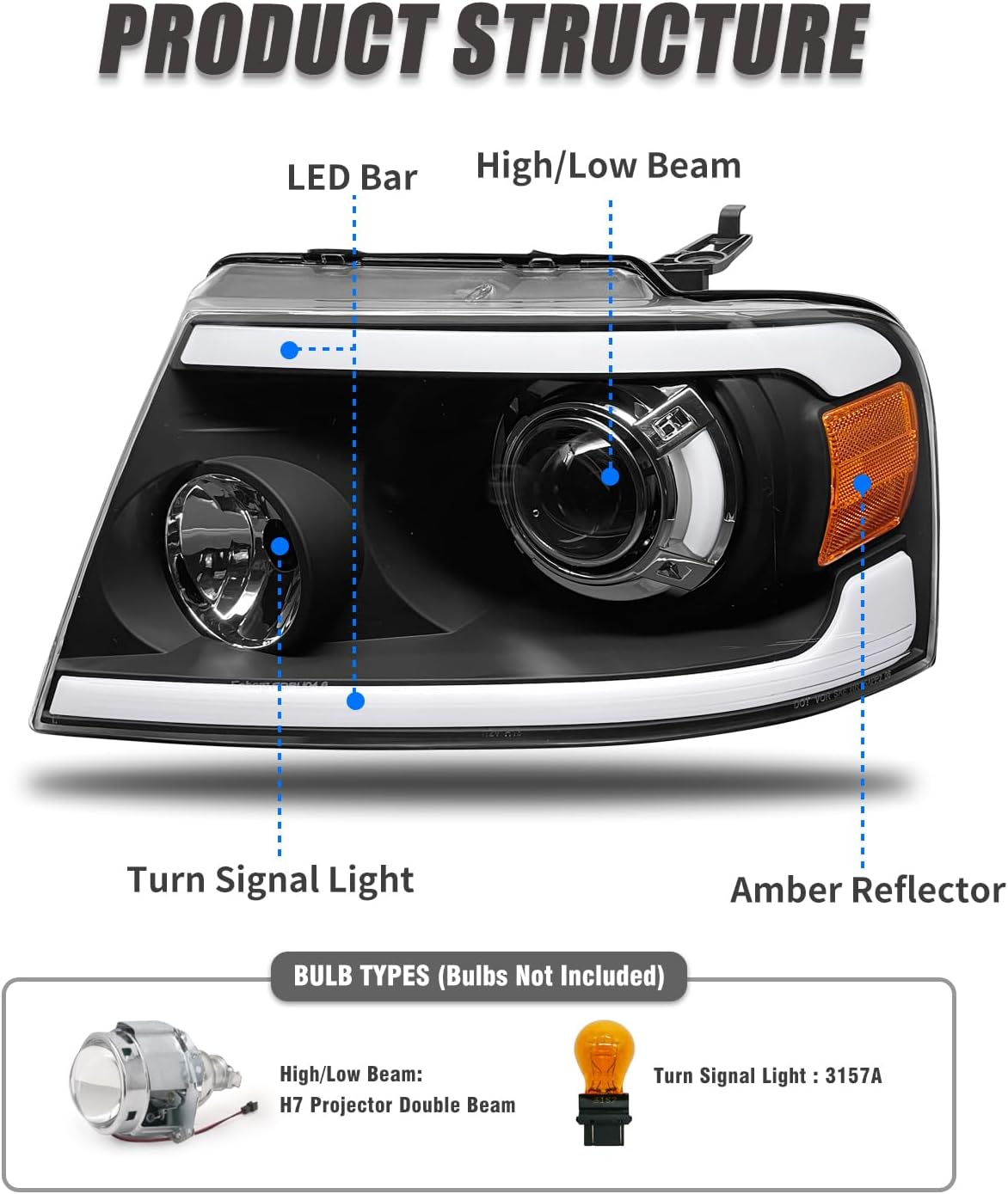 04-08 F150 Pickup Headlight Assembly w/LED Bar Projector for 04-08 Ford F150/06-08 Lincoln Mark LT Black Housing with Amber Reflector Headlamp Replacement LH+RH（W/O Bulbs）