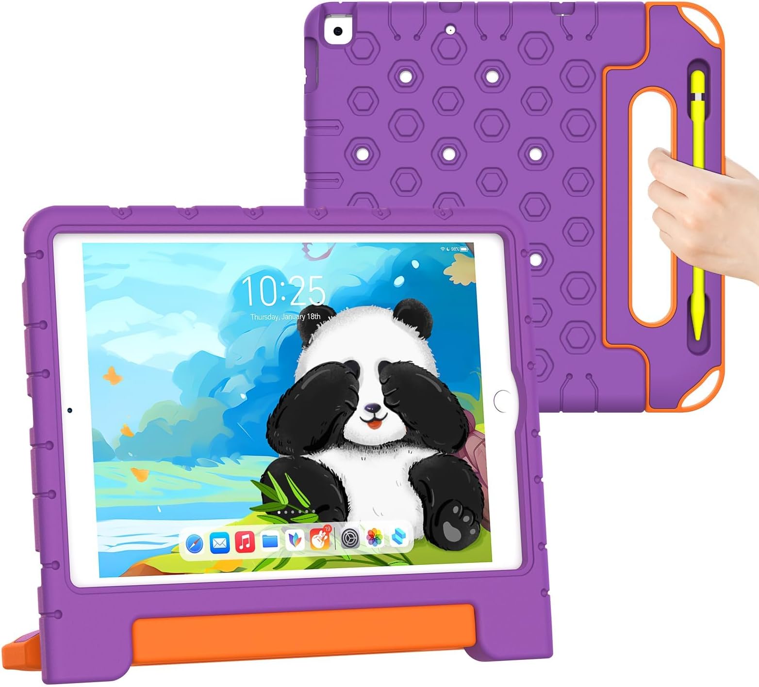 Bolete Kids Case for iPad 9th/ 8th/ 7th Generation Case 10.2 Inch (2021/2020/2019 Release) with Pen Holder, Shockproof Handle Stand Cover for iPad Air 3rd Gen 2019/Pro 2017 for Kids(Purple+Orange)