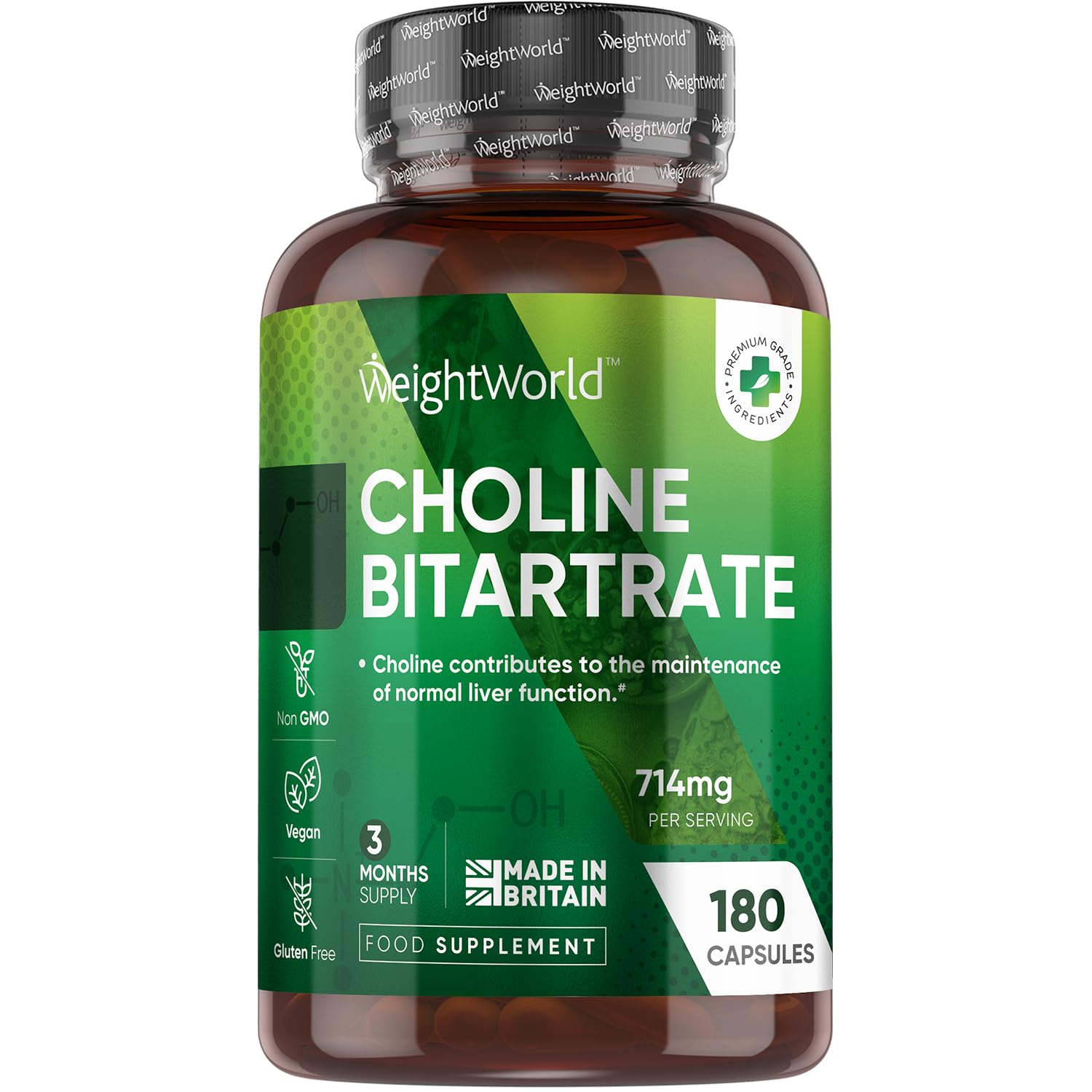 Choline Bitartrate Supplement 714mg | 180 Capsules | 3 Months Supply | Non-GMO & Gluten-Free | Choline Contributes to The Maintenance of Normal Liver Function (EFSA Claims)