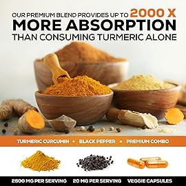 Turmeric Curcumin Supplement 2600mg - 95% Curcuminoids with Organic Turmeric & BioPerine Black Pepper Extract for Best Absorption, Natural Vegan Joint Support, Non-GMO, Bottled in USA - 180 Capsules