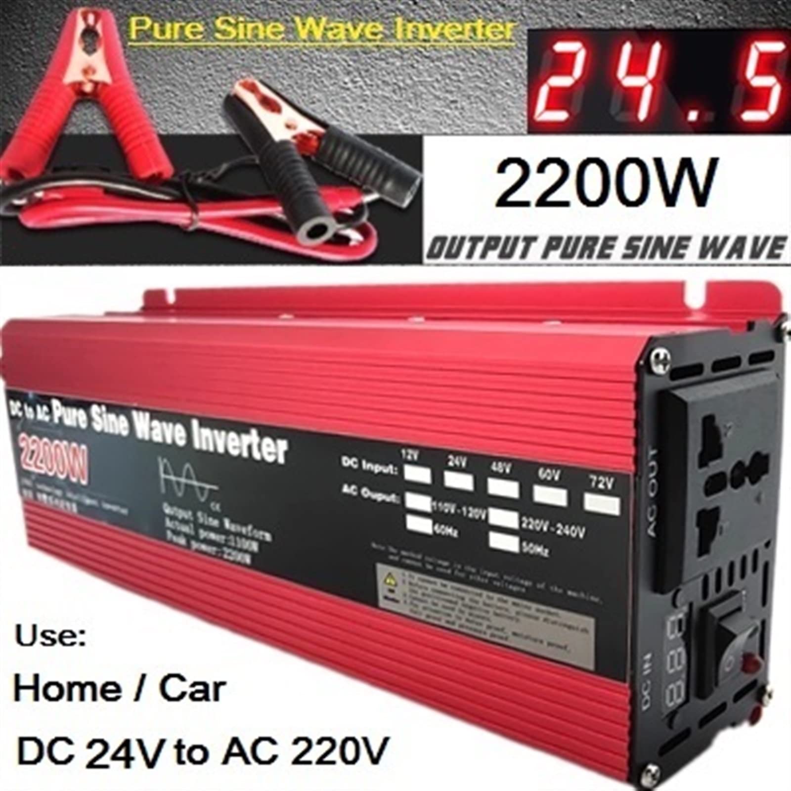 Falownik, Przetwornica czystej fali sinusoidalnej DC 12 v/24 v 1000 W 1600 2000 3000 przenośny konwerter banku mocy falownik solarny(2200W 24V,50Hz)
