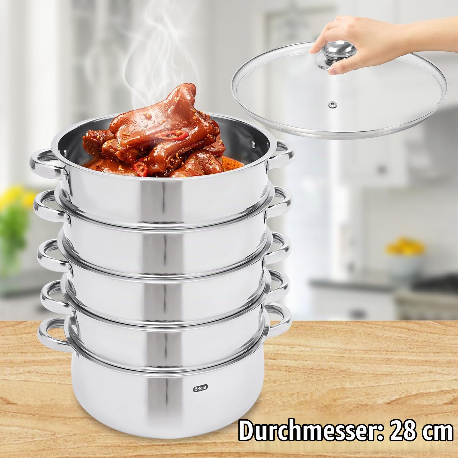 5-Lagiger Edelstahl Dampfkocher Dampfgarer Induktion Dampfgarer Dampfkocher Edelstahl Dampfgarer-Set 5-Lagiger mit Glasdeckel für Gemüse, Fisch, Suppe, Knödel (28CM)