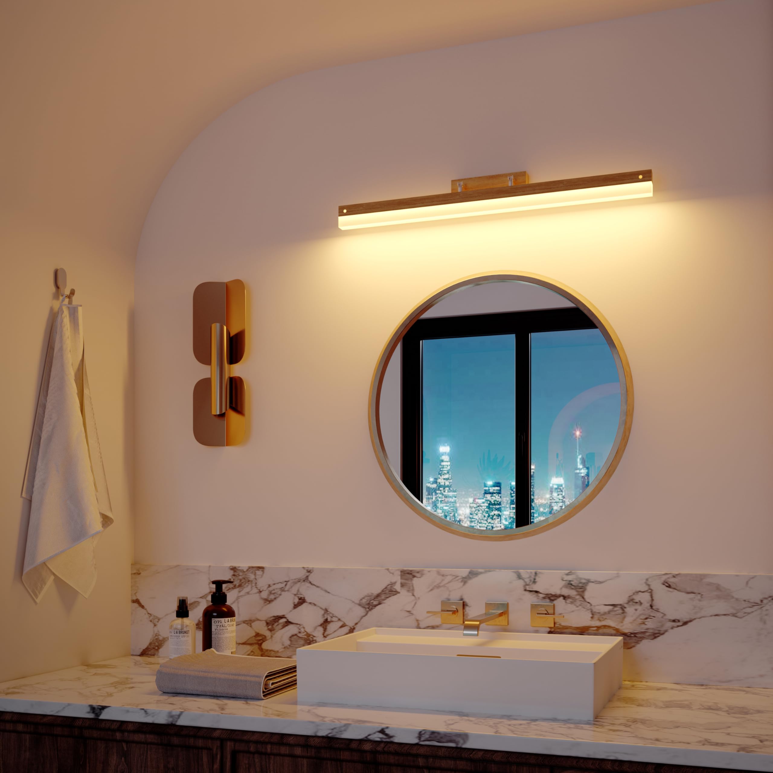 Aplique espejo baño 60cm 9W 720LM, luz espejo baño led Rotación de 180° Luz blanca cálida de 3000 K IP44 Impermeable, lampara espejo baño Aplique pared interior Madera (luz espejo baño)