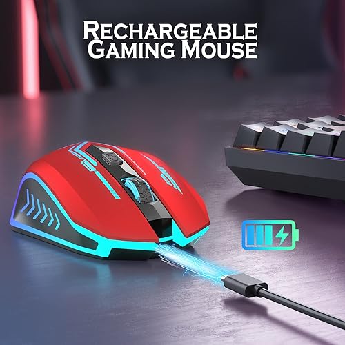 Miniatura 5 de UHURU Mouse para juegos, mouse inalámbrico para juegos con 6 botones, 7 colores LED intercambiables hasta 10000 DPI, mouse USB recargable para PC y