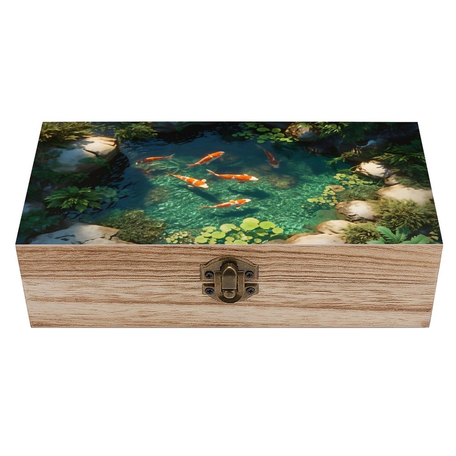 SMAZDFXX Koi Fish Wooden Keepsake Box Vintage Solid Wood with Hinged Lid 7.9"×3.7"×2.3" Metal Latch Rustic Home Decor for Jewelry Photos And Trinkets