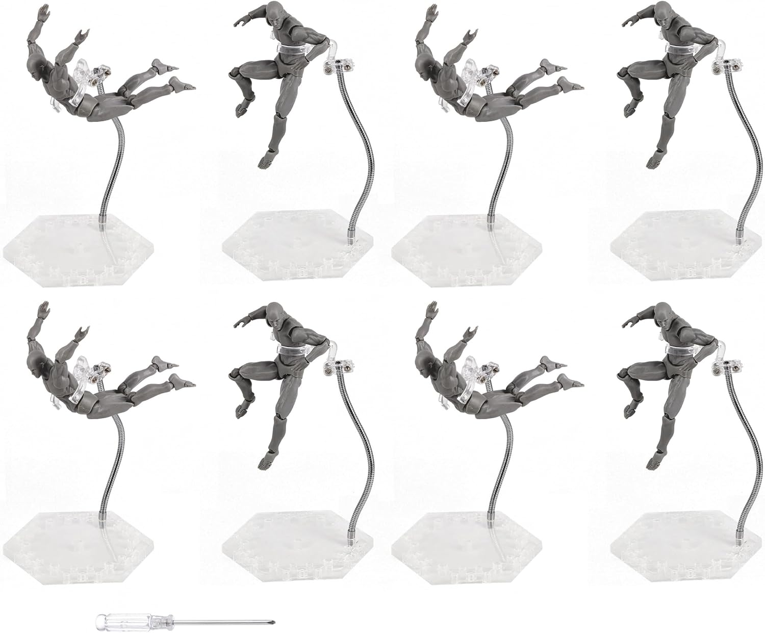 Action Figure Stand with Flexible Metal Arm,Action Figure Pose Display Holder Base,Flight Stands for Action Figures Compatible with HG RG SD SHF Gundam 1/144 Toy with Screwdriver (8Pcs Clear)