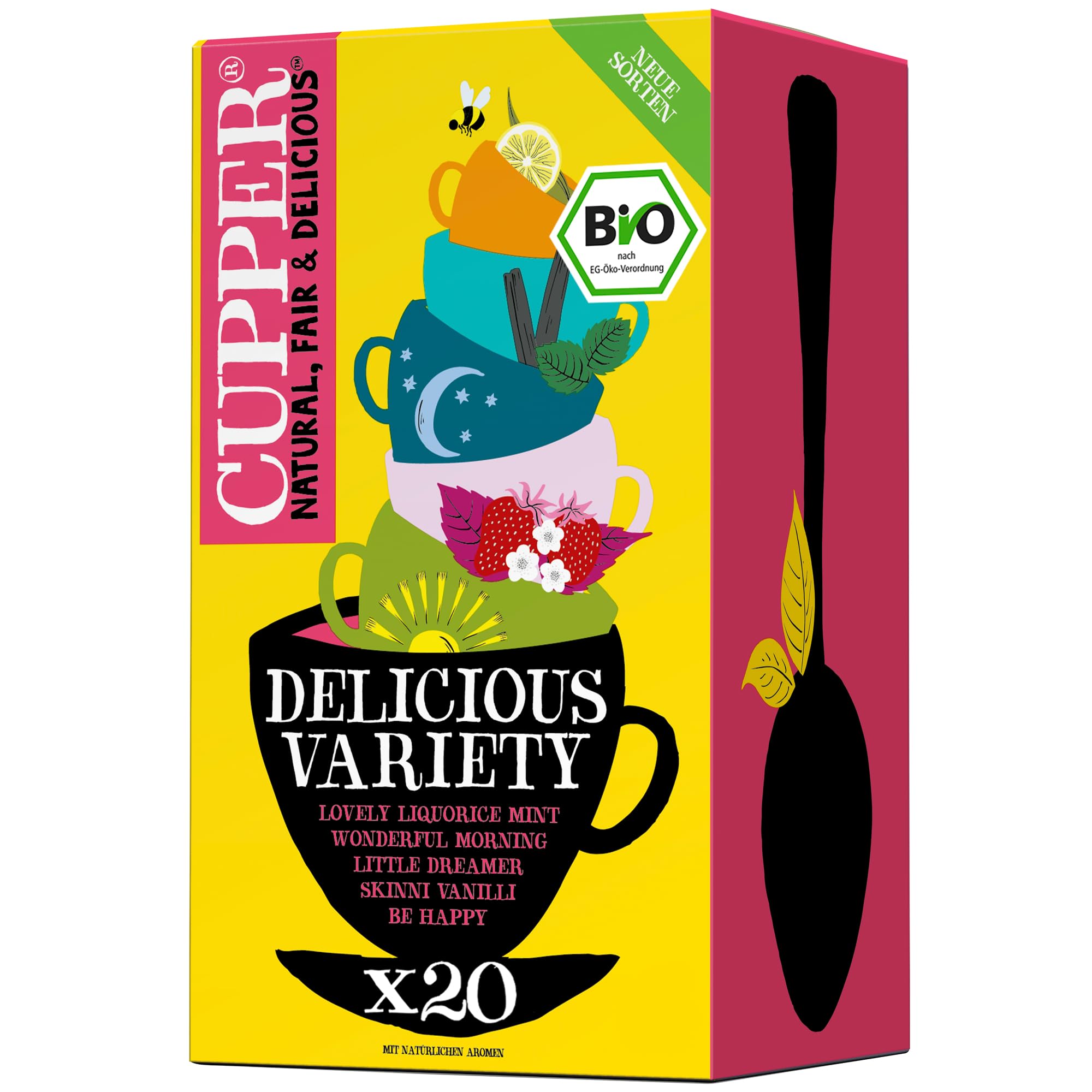 Cupper Bio Tee Set Delicious Variety, 20 verschiedene Sorten Kräutertee und Früchtetee, 20 ungebleichte Teebeutel (Einzelpack)