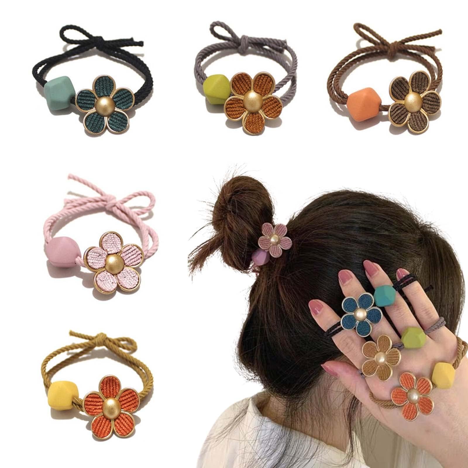 Melodio Hair Scrunchies (5 Pcs) - Floral Hair Ties for Women, Soft Elastic Hair Bands, Non-Slip Hair Rubber Bands for Girls & Adults, Elegant Hair Accessories (Pink, Green, Orange, Caramel and Coffee)-image-27