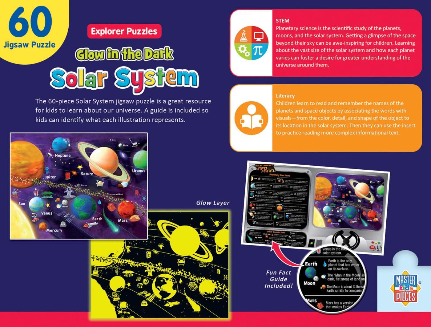 MasterPieces 60 Piece Glow in the Dark Jigsaw Puzzle for Kids - Solar System - 16.5"x12.75"