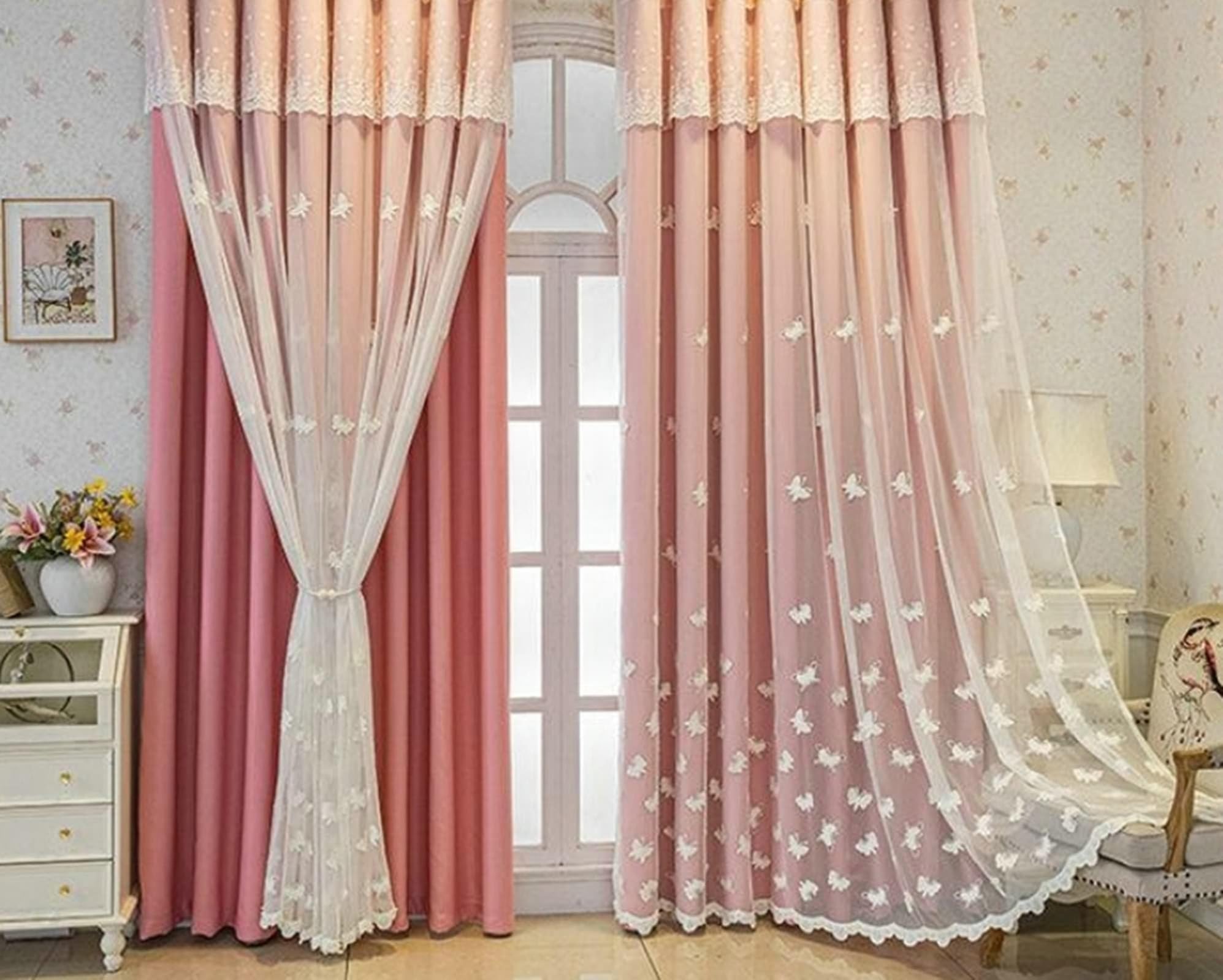 Rideau occultant de qualité supérieure rose Beydodo avec fils brodés haut de gamme