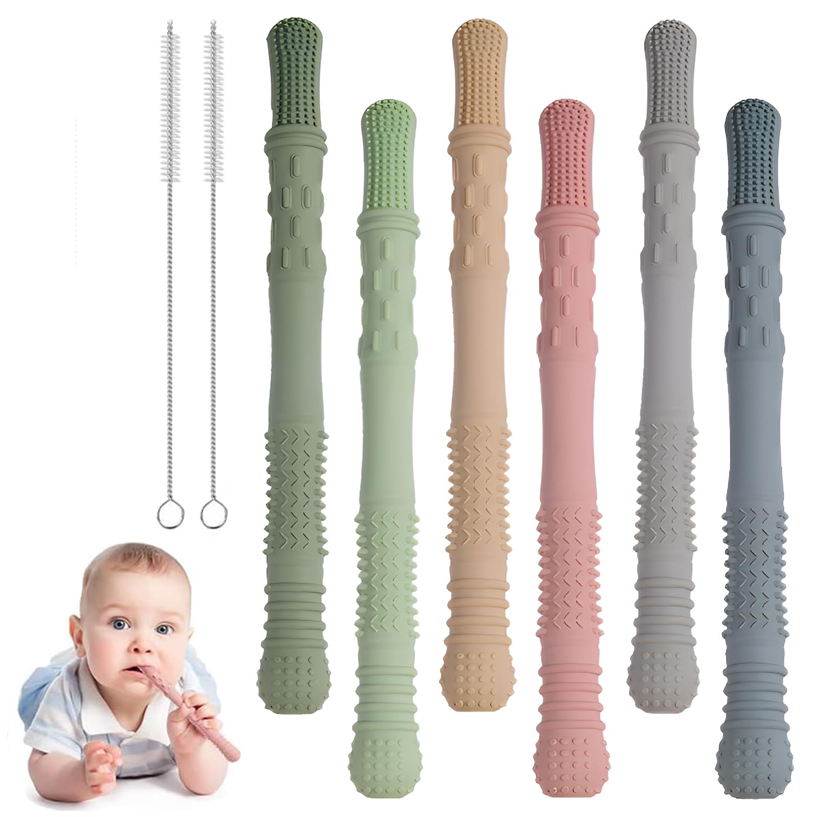 ORAGKE Beißröhrchen Zahnungshilfe Baby BPA-frei, 6 Stück Silikon Kaustange Baby Zahnen, Beißstange mit 2 Reinigungsbürsten, Beißstab Zahnen Hilfe, Beißring Beißspielzeug ab 3 Monate, Spülmaschinenfest