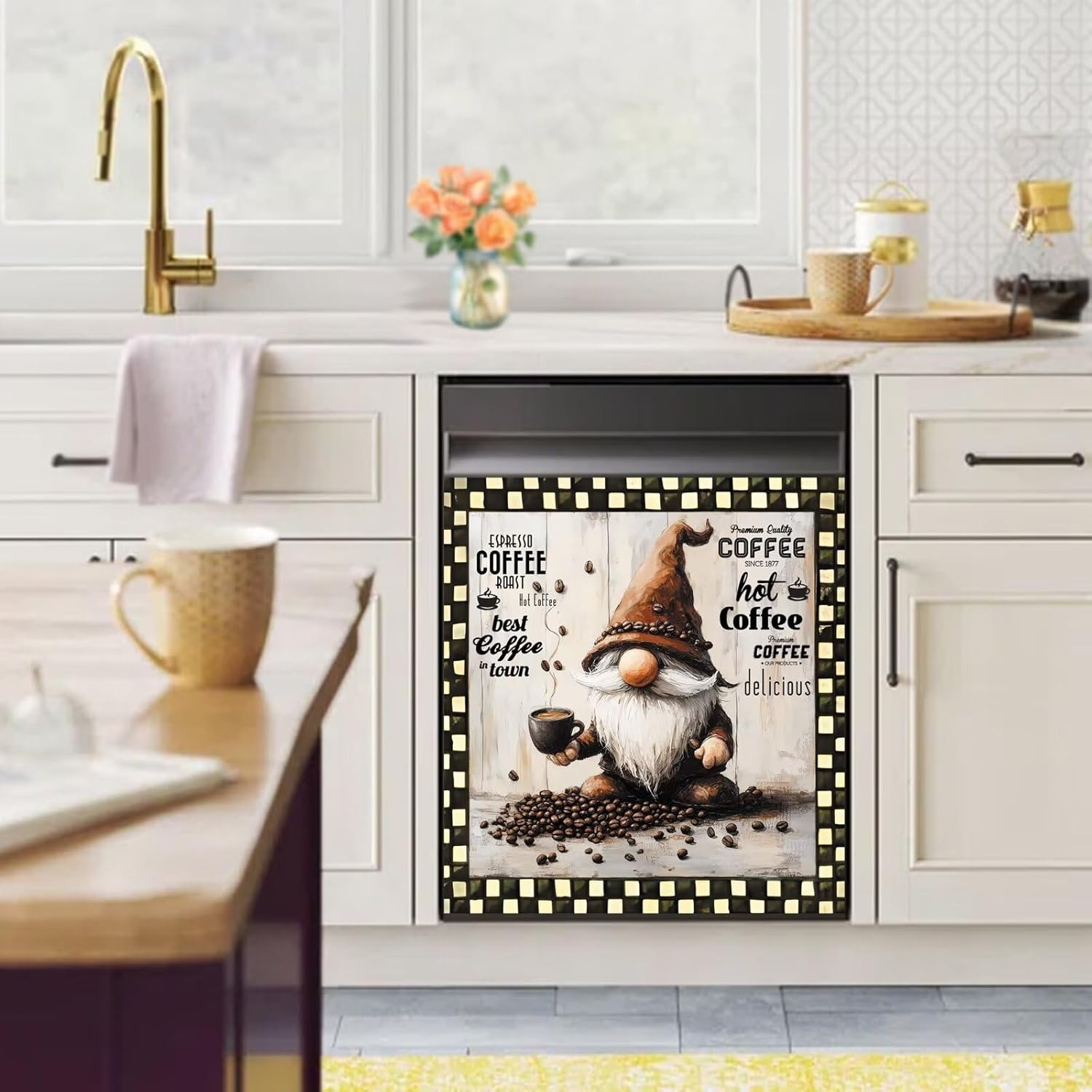 Generic Coffee Gnome Magnet Cafe Art Dishwasher Door Cover Kitchen Decor, Funny Vintage Coffee Panels Fridge Magnetic, Retro Plaid Refrigerator Magnets Decals, Home Appliance Sticker 23x26