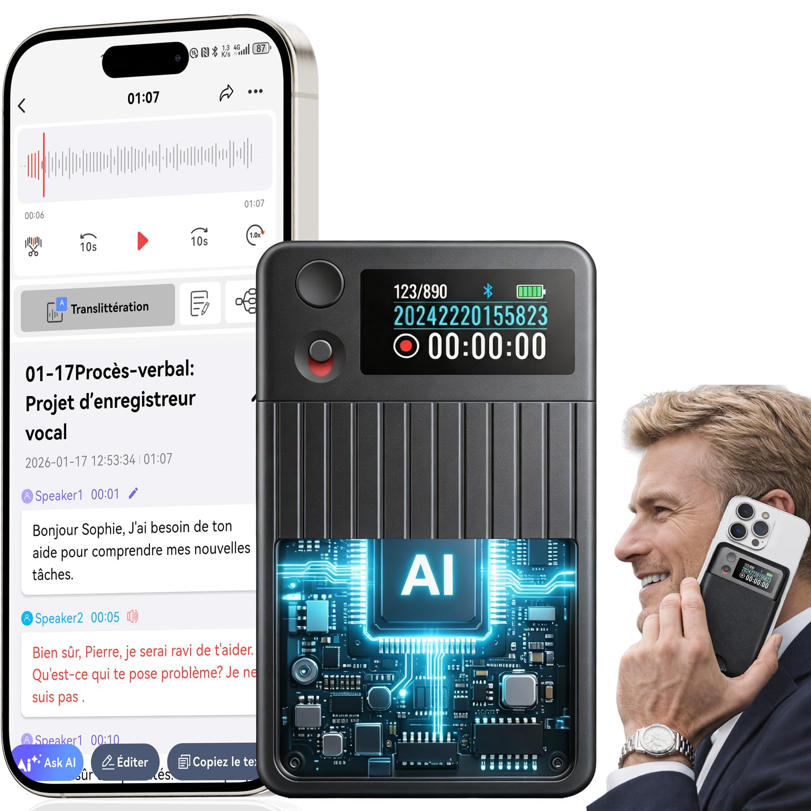 Enregistreur Vocal IA avec Transcription et résumé AI avancés Dictaphone IA | 1200 Min/Mois, Audio HD, avec étui, pour réunions de Travail, Cours et appels, Cadeau pour Professionnels et étudiants